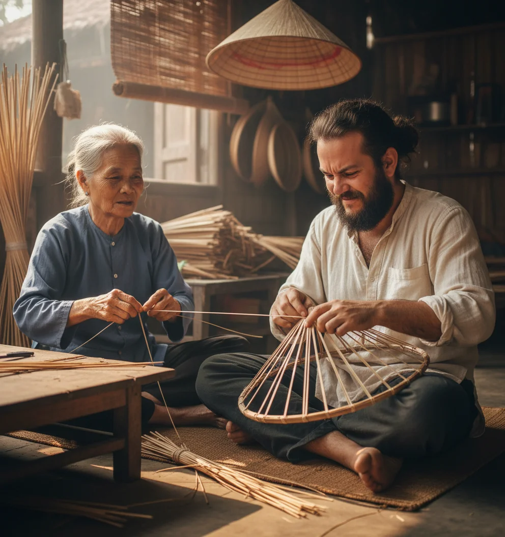 Cô Hằng demonstrating conical hat weaving while Marty attempts to follow on a woven mat beside her.