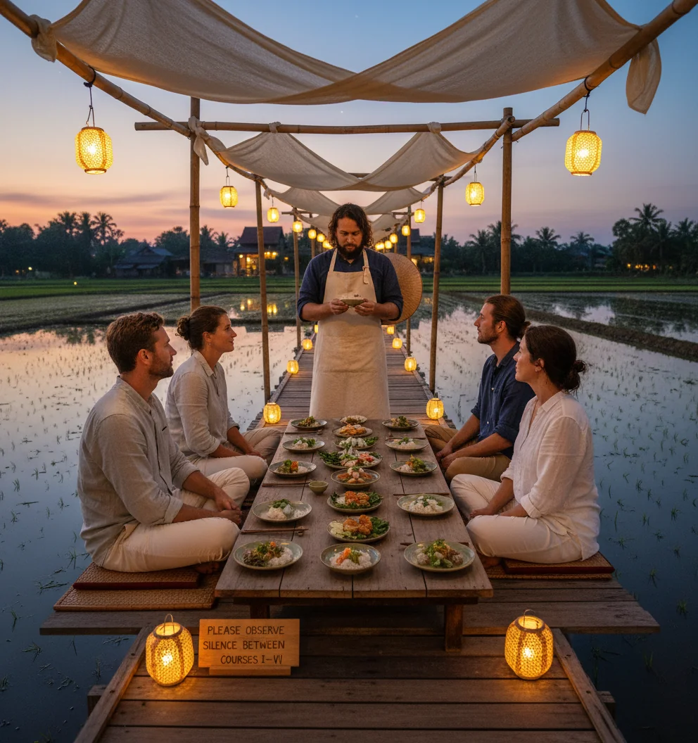 Twilight tasting menu on a long wooden table extending into a rice paddy, lanterns overhead.