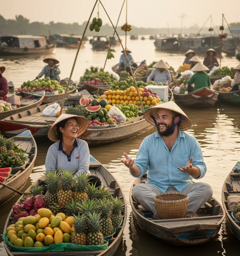 Marty bargaining with a Vietnamese vendor at the Cái Bè floating market in the early morning.