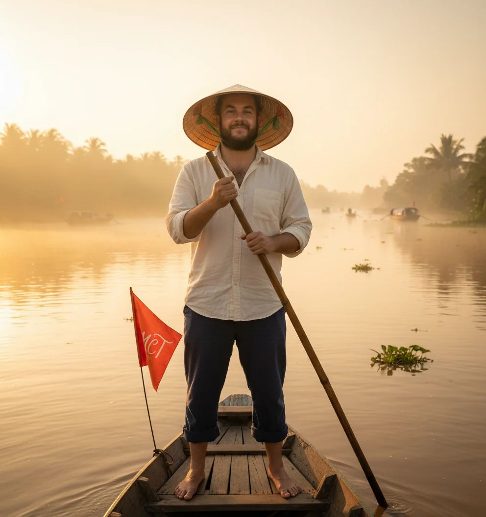 Marty Cummings Taylor at the prow of a Mekong Delta sampan at dawn, in a conical hat, holding a bamboo punting pole.