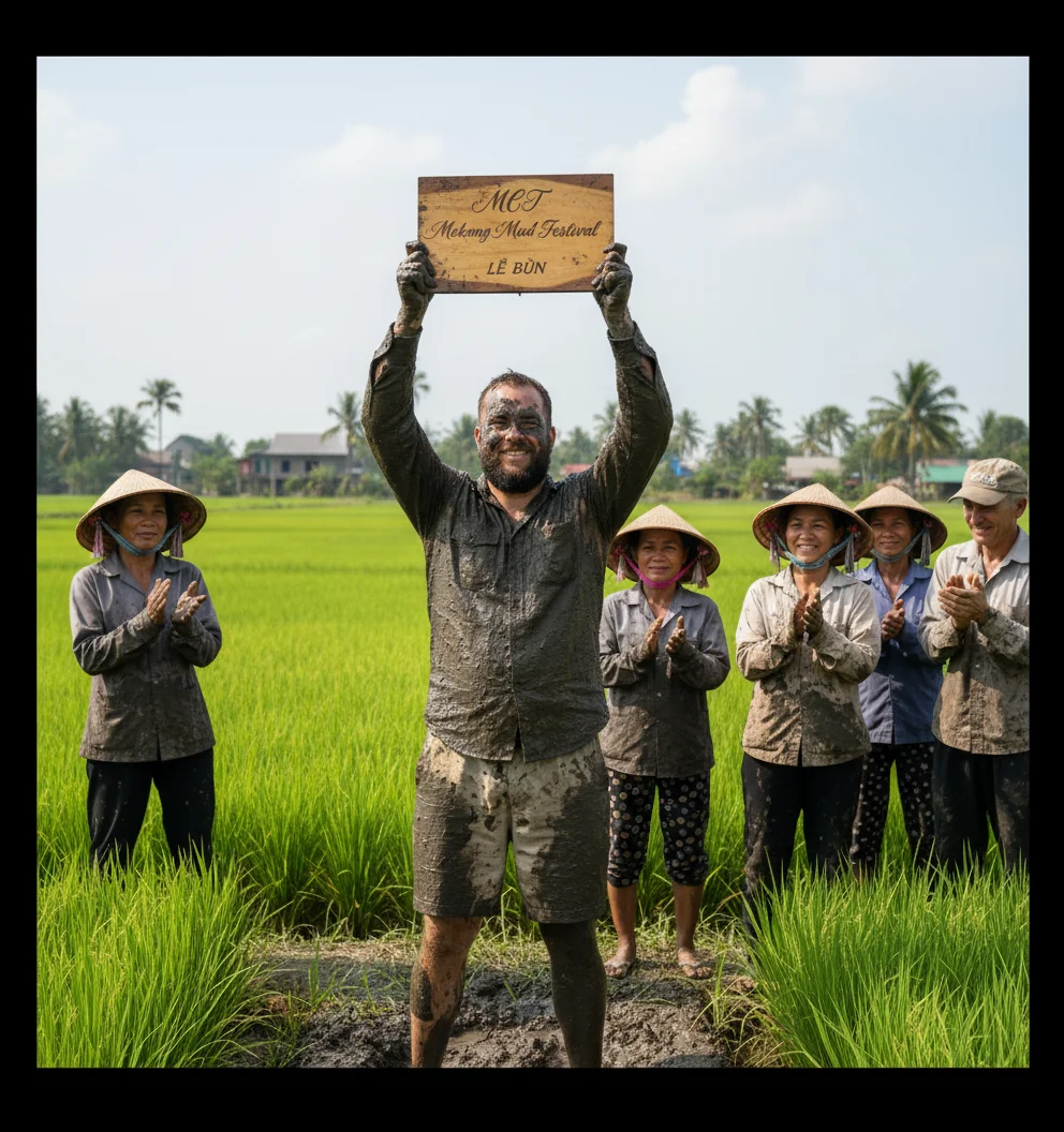 Marty covered in rice paddy mud, holding aloft a ceremonial plaque, surrounded by guests in various states of mud.