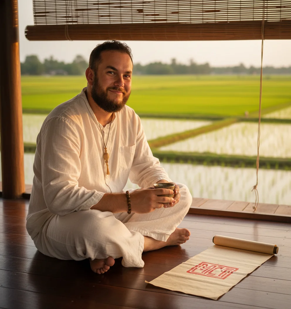Marty Cummings Taylor in linen pajamas seated cross-legged on a teak floor with a tea cup, paddy view behind him.