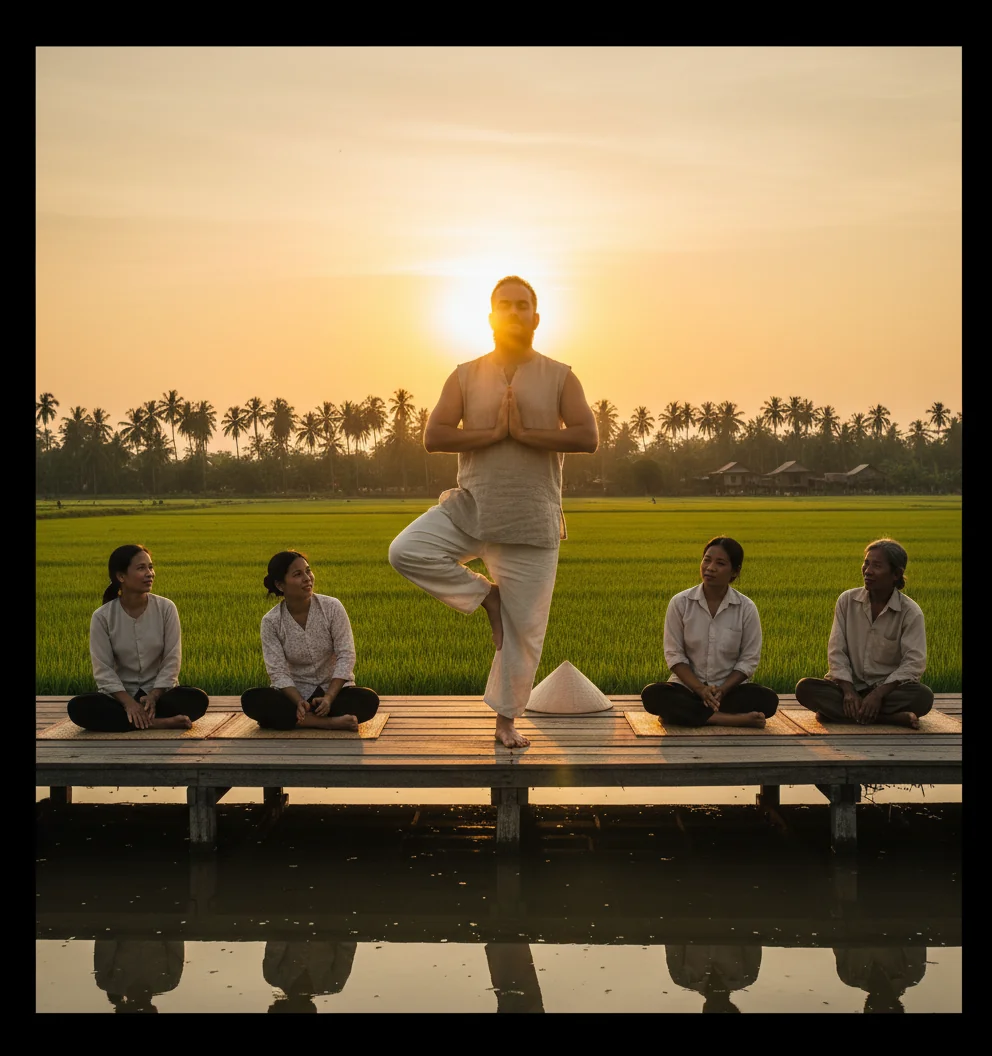 Marty in tree pose on a wooden platform at sunset in a rice paddy, three guests sitting nearby.