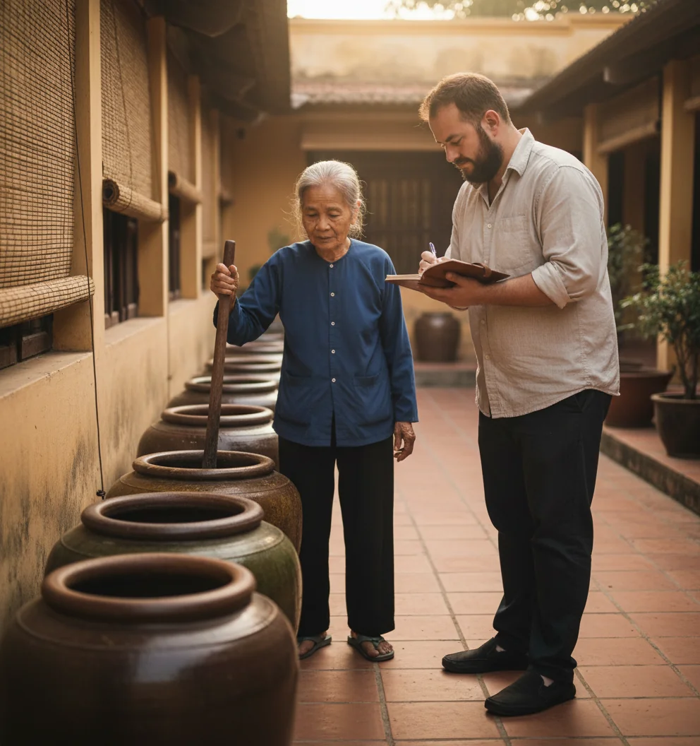 Bà Nguyễn demonstrating rice wine fermentation technique to Marty in a courtyard of earthenware urns.