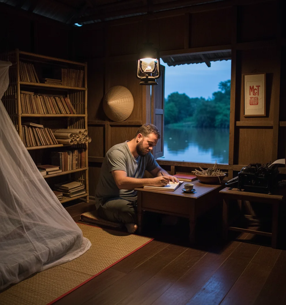 Interior of Marty's stilted river house with teak floor, mosquito netting, oil lamp, and writing desk by lamplight.
