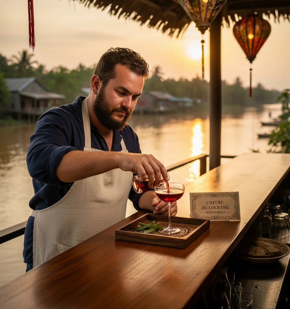 Marty in a cream linen apron decanting a ruby-red cocktail into a crystal coupe on a teak bar at sunset.