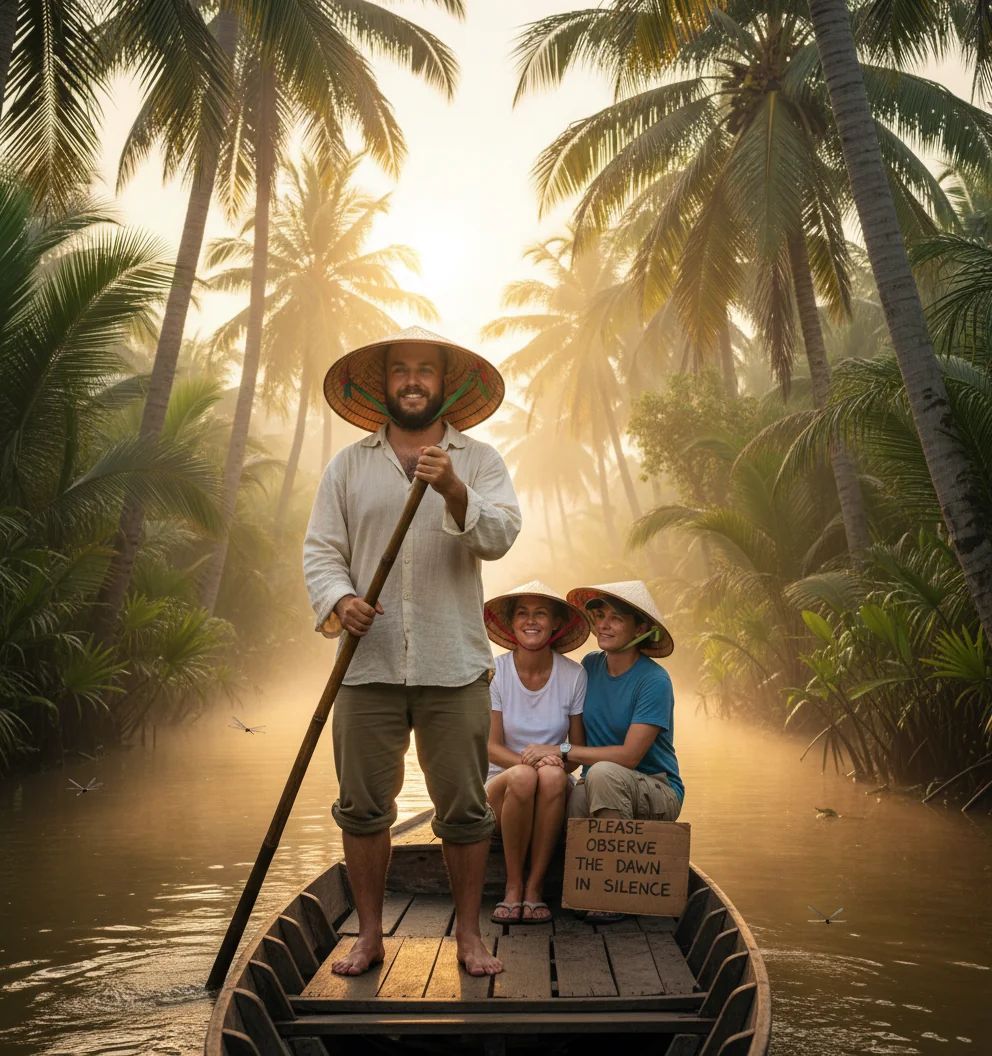 Marty piloting a Mekong sampan through a palm-lined canal at sunrise with two guests in conical hats.