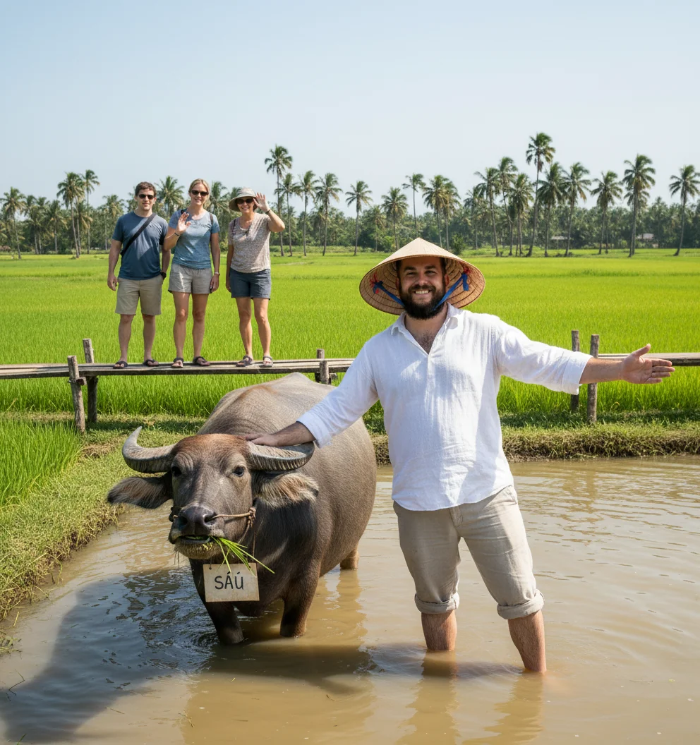Marty knee-deep in paddy water beside a calm water buffalo, gesturing toward it while three guests watch from a bridge.
